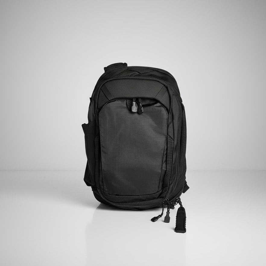Black backpack on a gray background