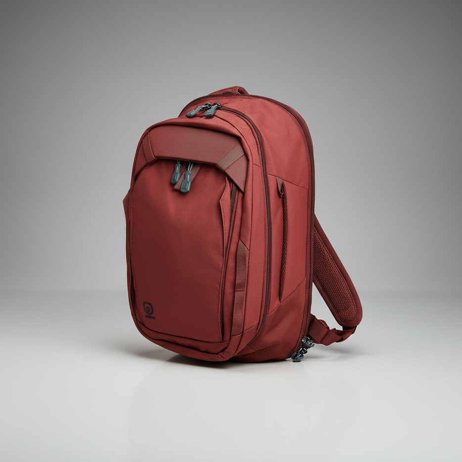 Red backpack on a gray background
