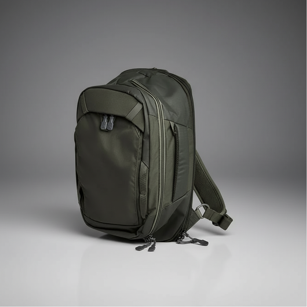 Green backpack on a gray background