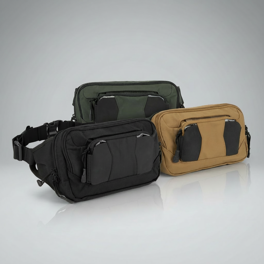 Three fanny packs in black, green, and brown on a reflective surface with a gray background