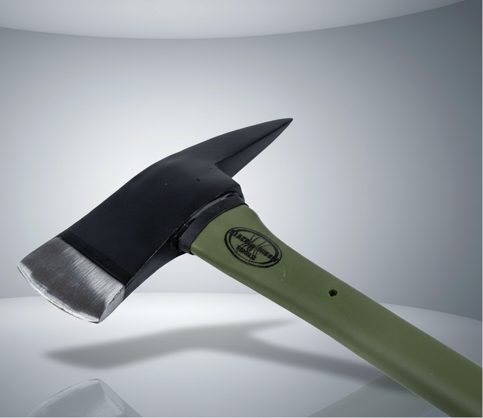 Ax with a black head and green handle on a reflective surface with a gray background