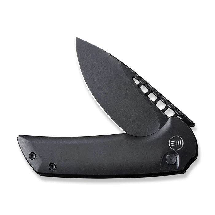 WE Knife Mini Malice Flipper with button lock mechanism, showcasing sleek black design and innovative craftsmanship.