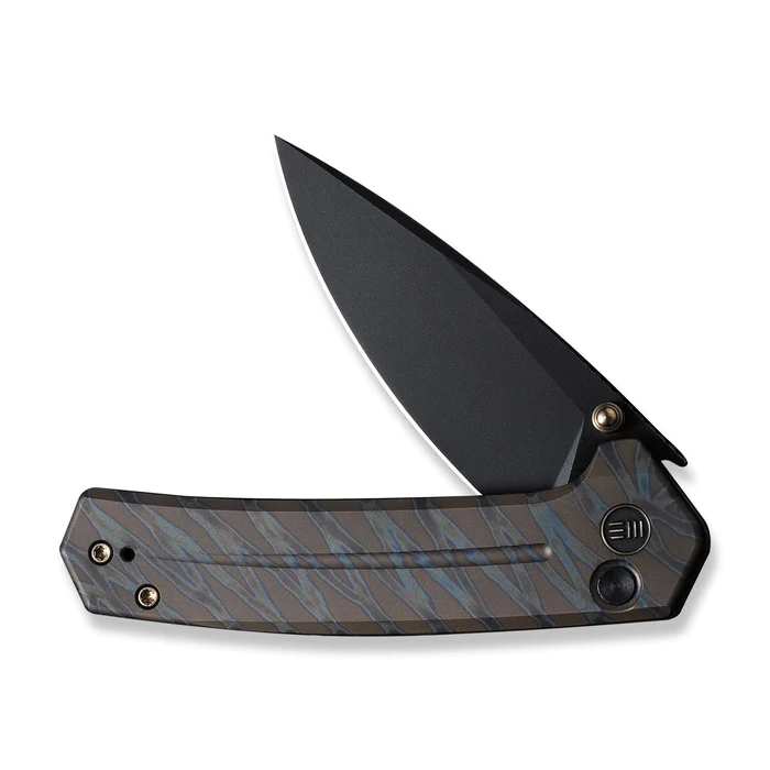 We Knife Culex Flipper knife with a sleek black blade and stylish patterned handle. Perfect for quality and design innovation enthusiasts.