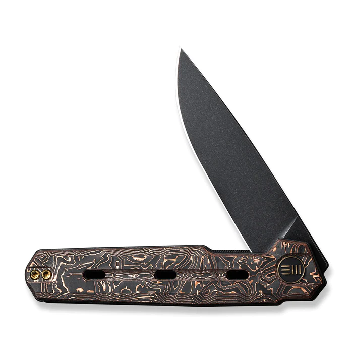 We Knife Navo Knife with copper foil carbon fiber handle and black stonewashed CPM 20CV blade, elegant folding design.