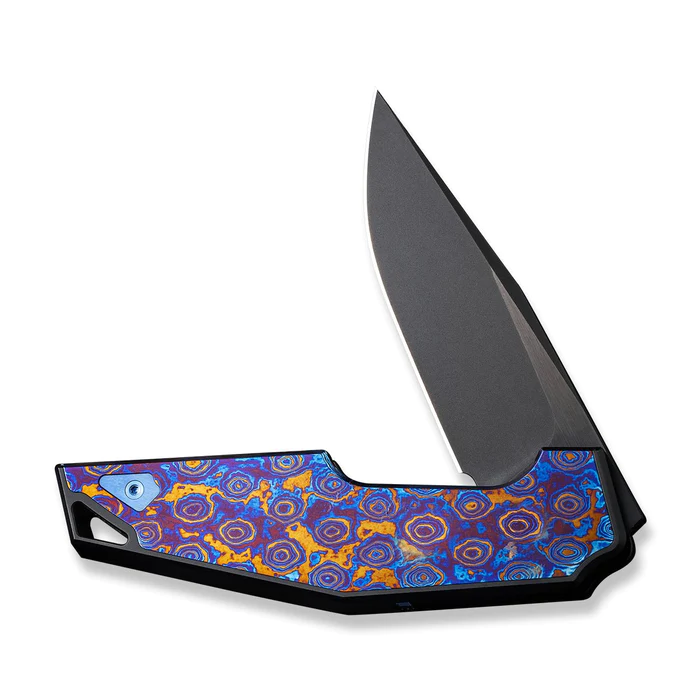 WE Knife Flipper Knife with vibrant patterned handle and sleek black blade, showcasing quality craftsmanship and design innovation.