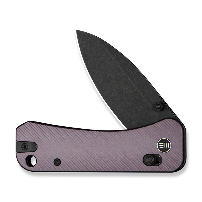 WE Knife Banter 2 thumb stud knife with purple aluminum handle and black blade, showcasing premium craftsmanship and design.