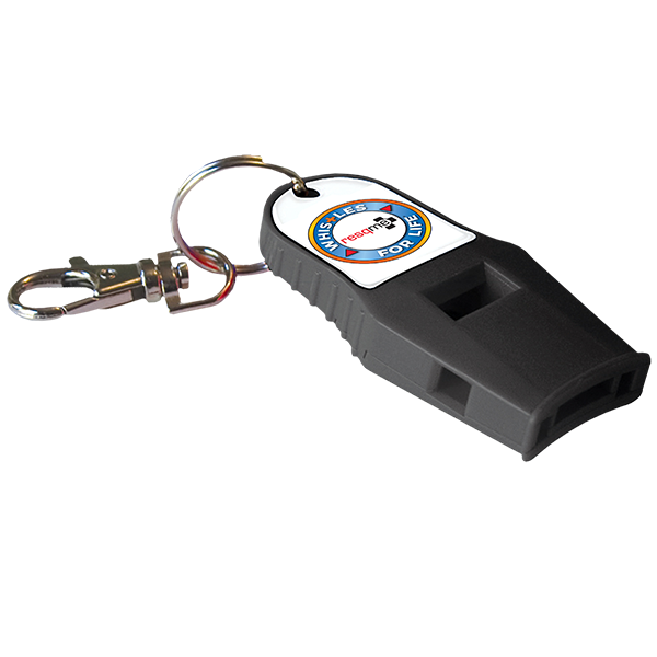 Black whistle with keychain on a white background