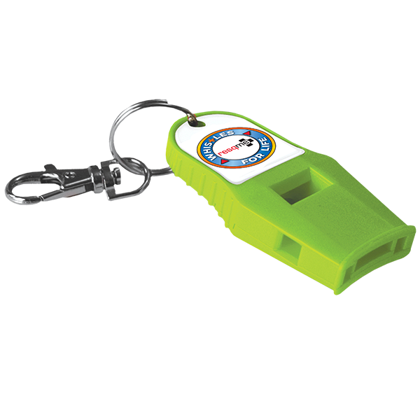 Green whistle with keychain and logo on a white background