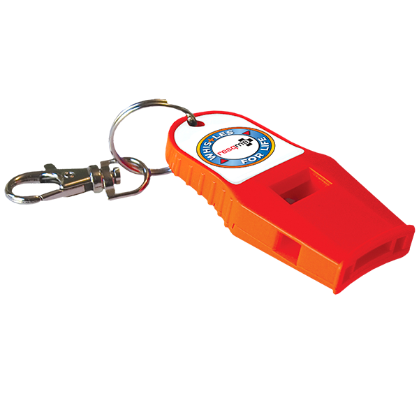 Red and orange whistle with a keyring on a white background