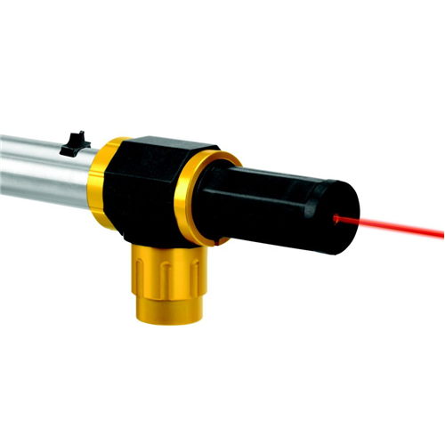 Wheeler Engineering Professional Laser Bore Sighter with red laser beam, showcasing machined aluminum construction and high-strength connection.