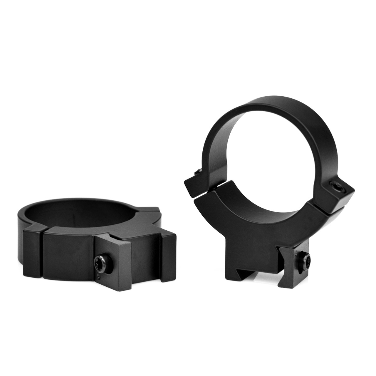 Warne 30mm rimfire high matte scope rings, designed for 3/8th inch and 11mm dovetails, showcasing durable steel construction.