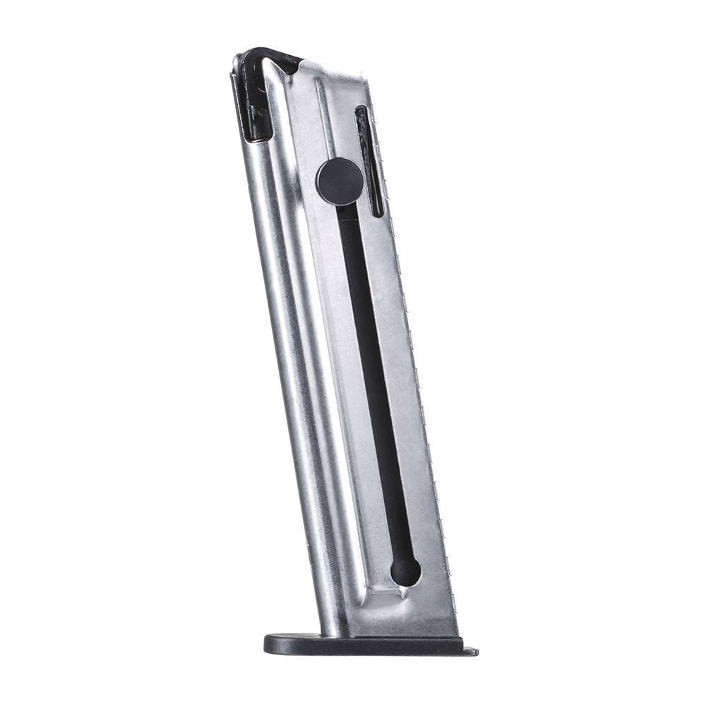 Walther Colt 1911 .22 LR magazine with silver finish and black baseplate, ideal for Colt 1911 tactical rimfire firearms.