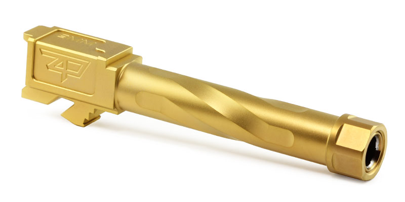 Zaffiri Precision threaded barrel for Glock 17 in Titanium Nitride (TiN) gold finish, 5.03 inches long.