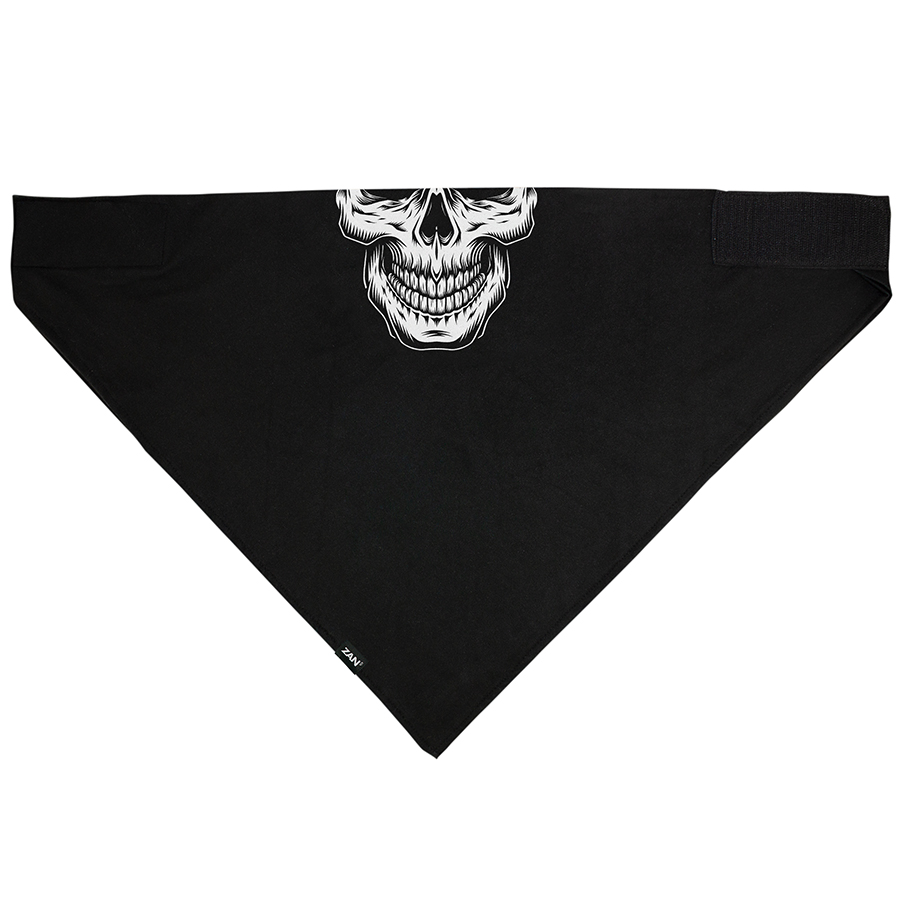 Zan Headgear Bandanna with skull design, perfect for comfort and warmth under helmets, featuring a secure hook & loop closure.