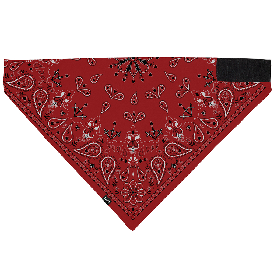 Red Zan Headgear Bandanna with paisley design, featuring soft fabric and hook & loop closure for a secure fit.