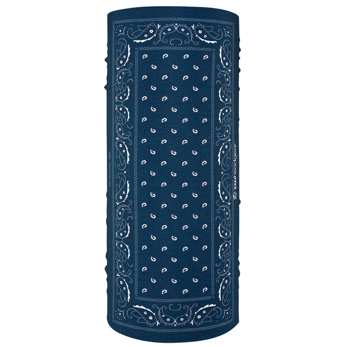 Fleece lined Zan Headgear Motley Tube in navy blue with white paisley design, perfect for winter wear and versatile styling.