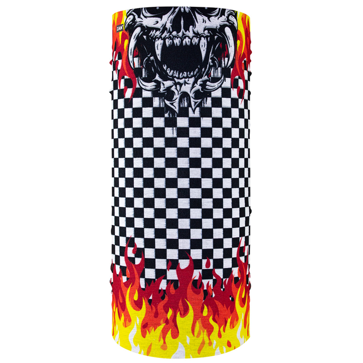 Zan Headgear Motley Tube features bold checkered pattern with flames and skull design, perfect for warm comfort in cold climates.