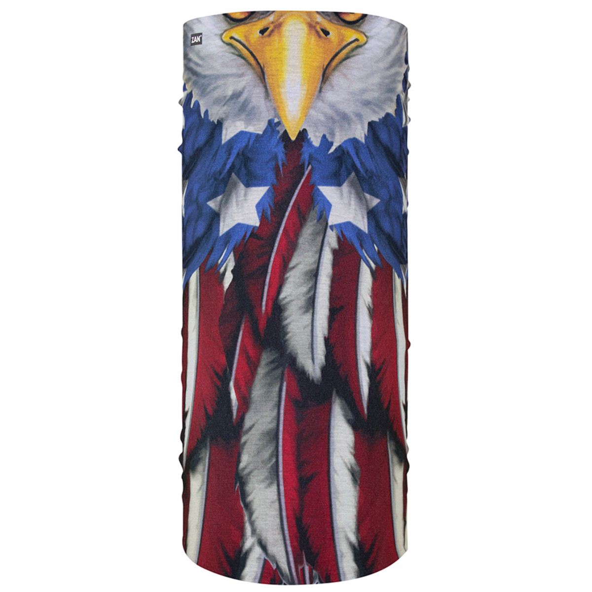 Zan Headgear Motley Tube featuring an eagle design with red, white, and blue colors, perfect for versatile winter wear.