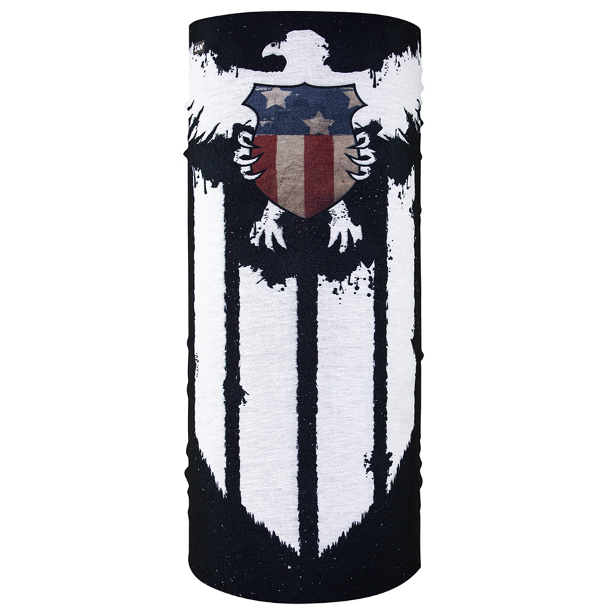 Zan Headgear Motley Tube featuring a patriotic eagle design with black and white stripes, perfect for warm and cold weather.