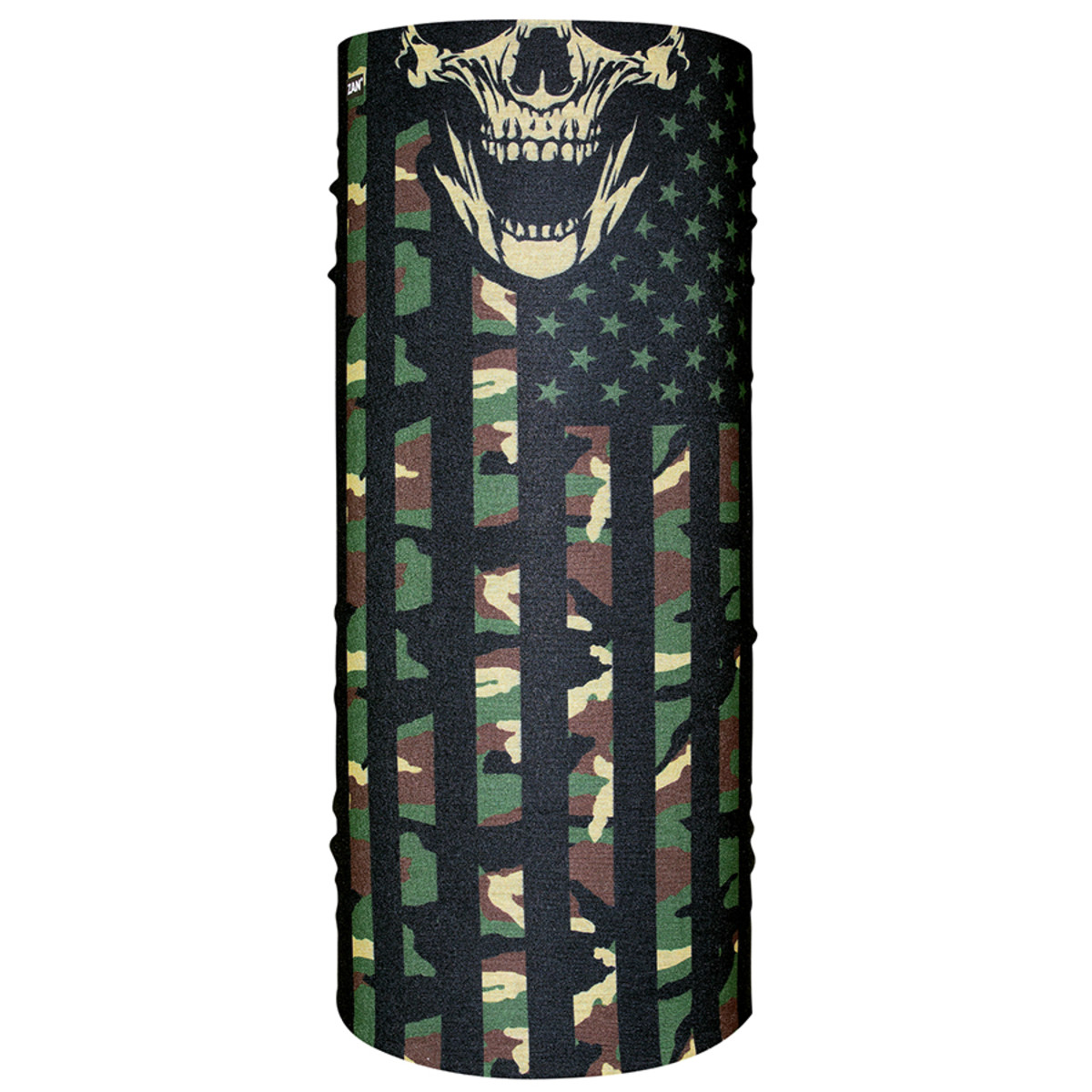 Zan Headgear Motley Tube featuring a skull design with a camouflage and American flag pattern, ideal for versatile cold weather wear.