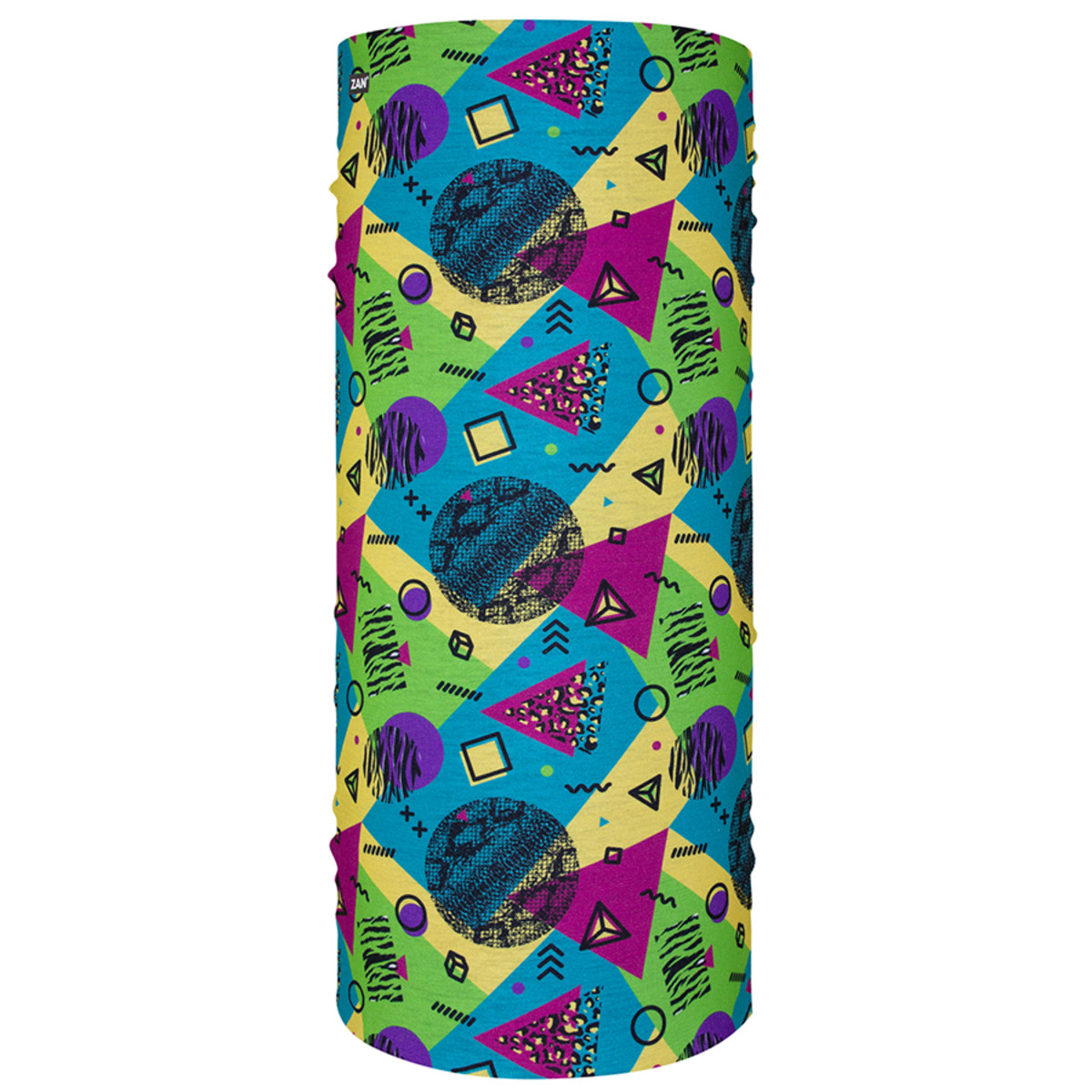 Colorful Zan Headgear Motley Tube with geometric shapes in vibrant blue, green, yellow, and purple patterns.