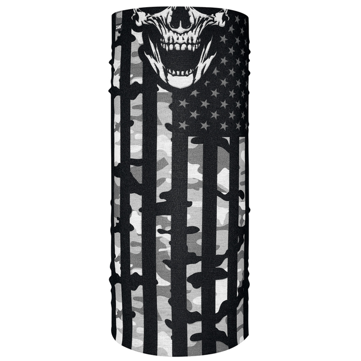 Zan Headgear Motley Tube featuring a skull design with American flag and camouflage pattern, ideal for outdoor and cold weather wear.