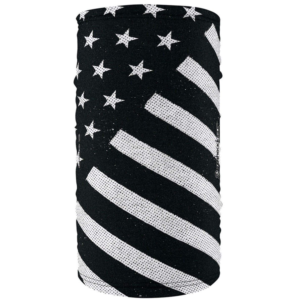 Zan Headgear Motley Tube with black and white American flag design, versatile for warmth and style in cold weather.