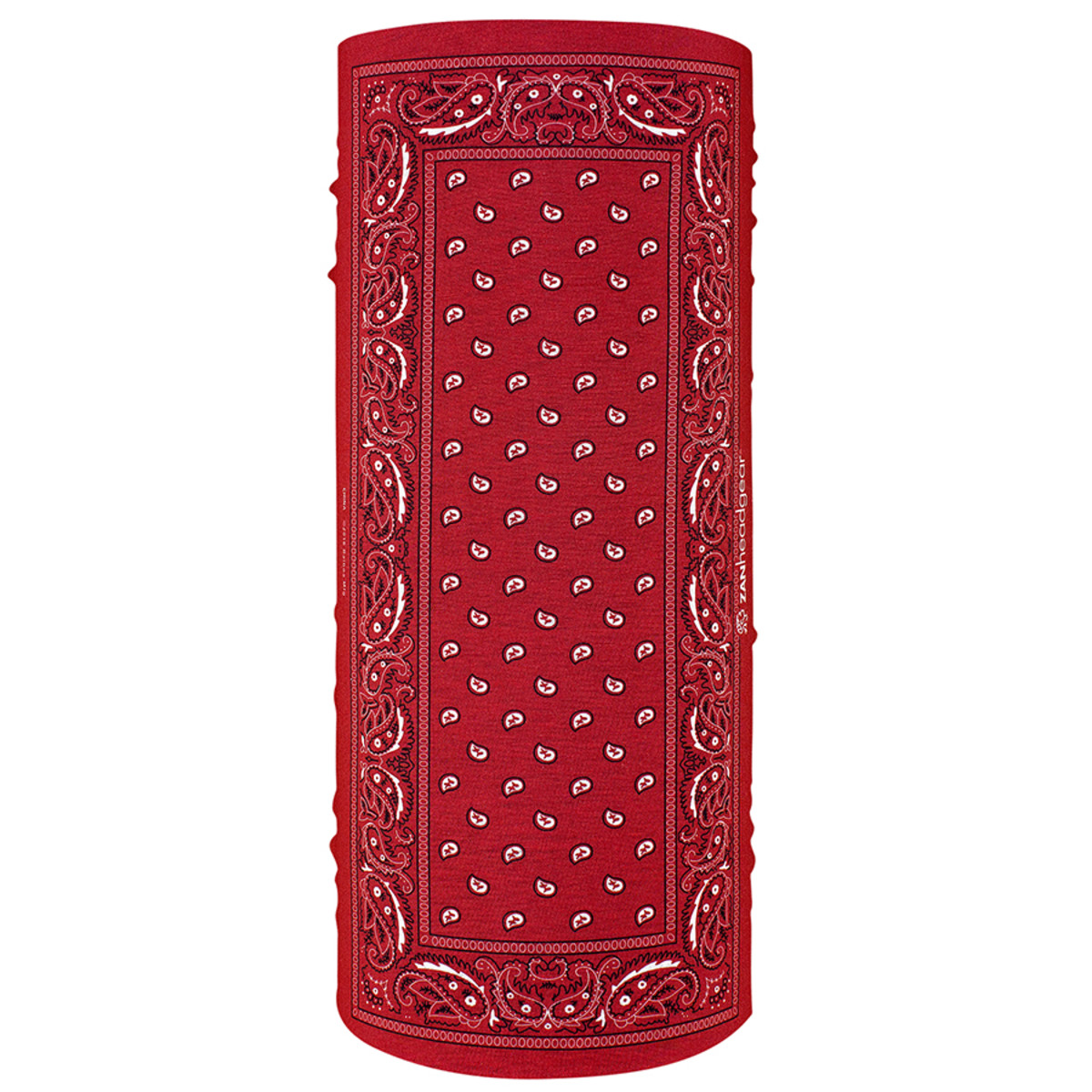 Red Zan Headgear Motley Tube with intricate paisley design, versatile for winter wear as a balaclava, neck warmer, or scarf.