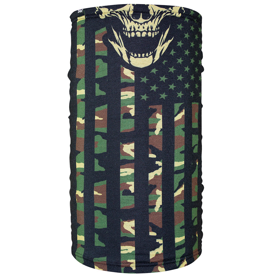 Zan Headgear Motley Tube featuring a camouflage design with a skull and American flag for versatile winter wear.