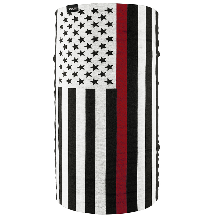 Zan Headgear Motley Tube featuring a design of the American flag with black and red stripes, perfect for warmth and versatility.