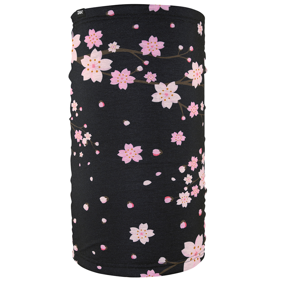 Zan Headgear Motley Tube featuring a floral design with pink cherry blossoms on a black background. Versatile and warm headwear.