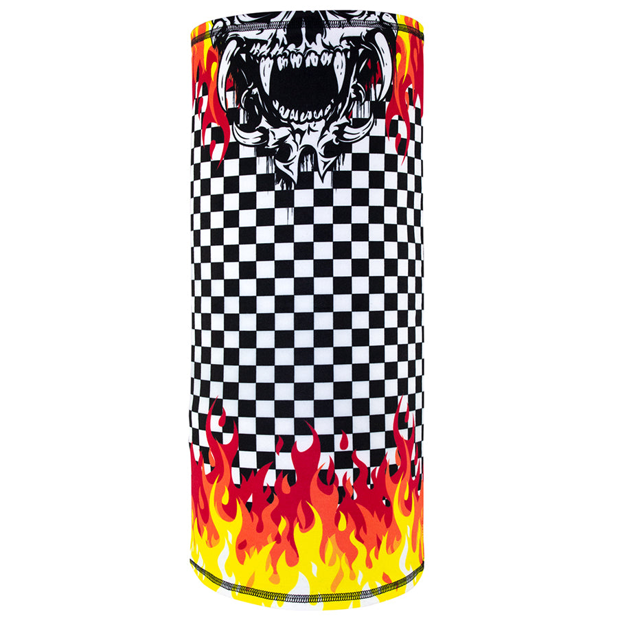 Zan Headgear Motley Tube with skull design and fiery graphics, perfect for versatile cold weather wear.