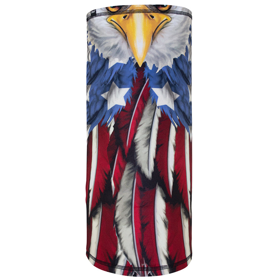 Zan Headgear Motley Tube with eagle design and American flag pattern, perfect for warmth and versatility in cold weather.