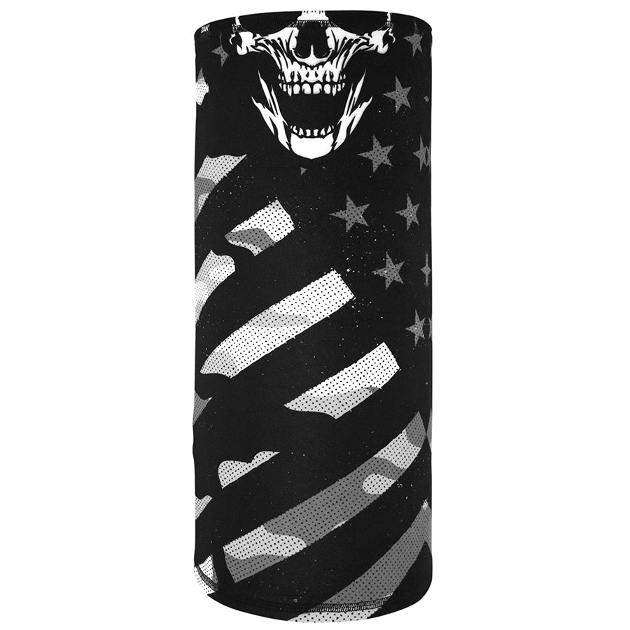 Zan Headgear Motley Tube featuring a bold skull design and American flag pattern for versatile cold weather wear.