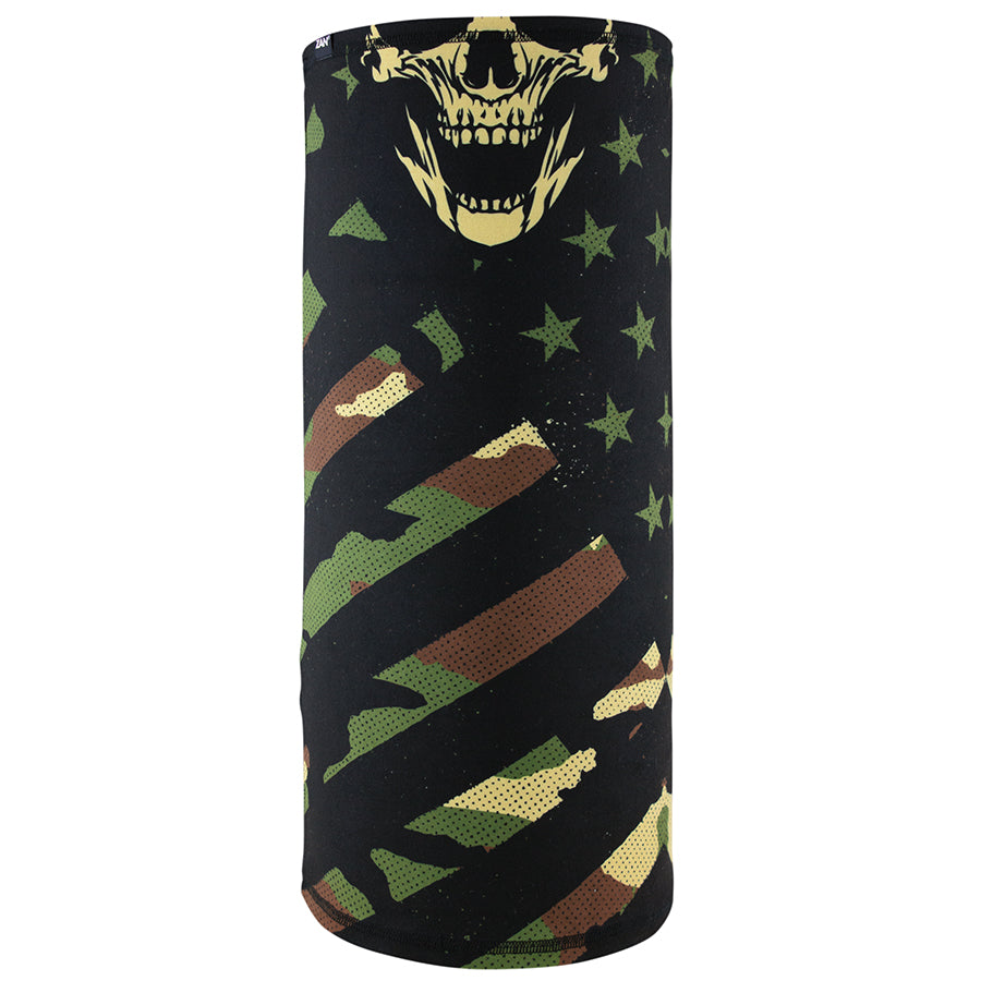 Zan Headgear Motley Tube featuring a skull design with camouflage and stars, perfect for versatile cold weather protection.