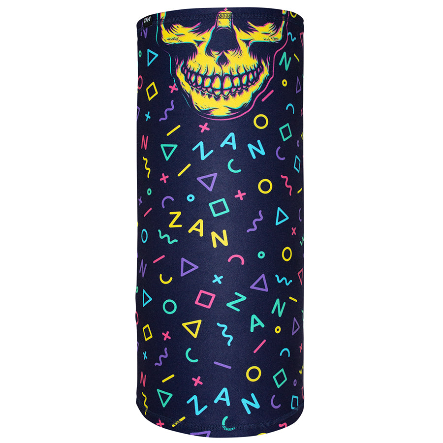 Colorful Zan Headgear Motley Tube featuring a vibrant skull design and playful geometric patterns, perfect for versatile outdoor wear.