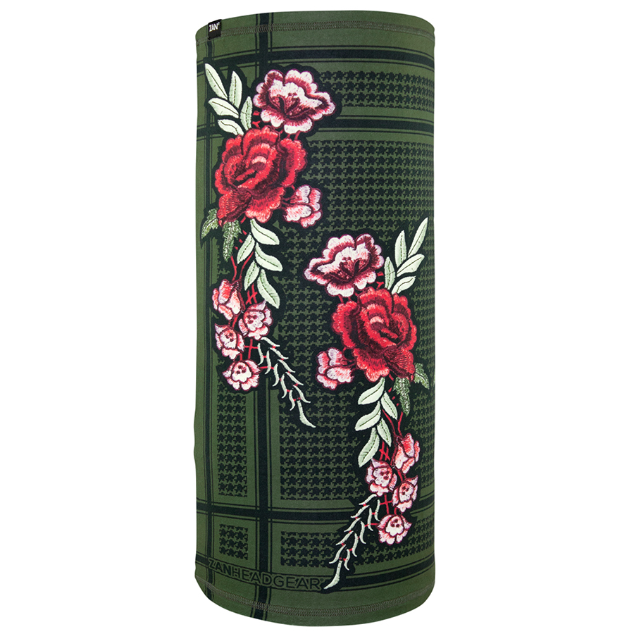 Fleece lined Zan Headgear Motley Tube featuring floral design on green background for versatile outdoor wear.