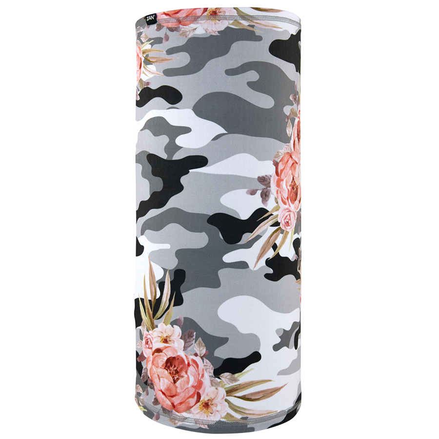 Zan Headgear Motley Tube in gray camouflage with floral design, fleece lined for warmth and versatility.