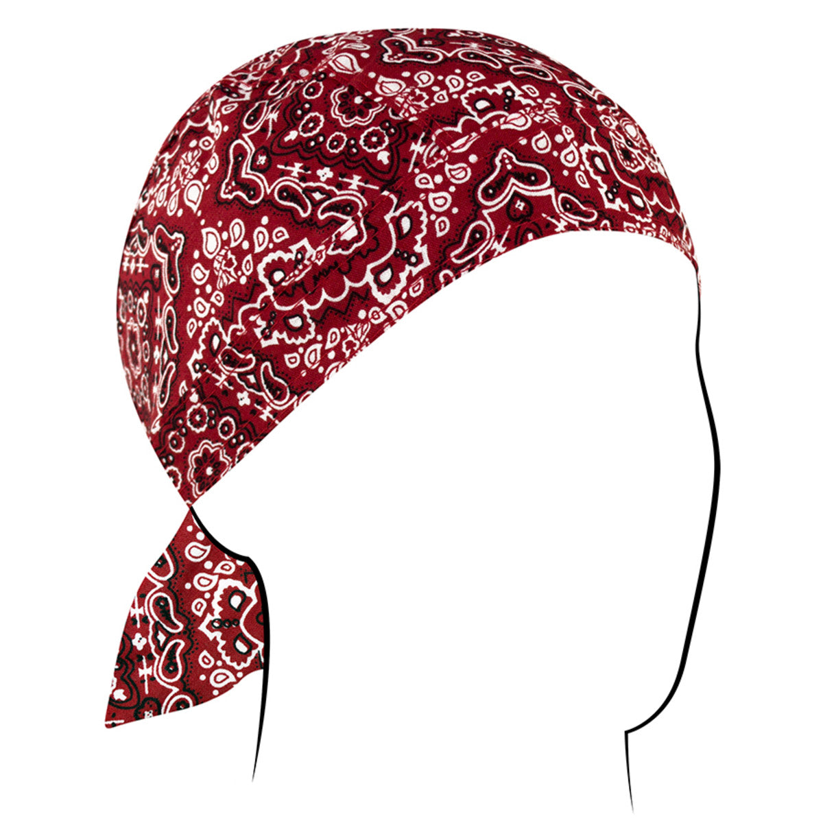 Red patterned Zan Headgear Flydanna bandanna headwrap on a mannequin, perfect for moisture control under a helmet.