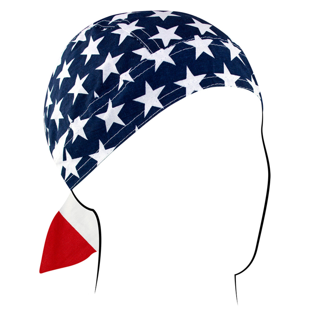 Zan Headgear Flydanna bandanna in patriotic stars and stripes design, ideal for moisture control under helmets.