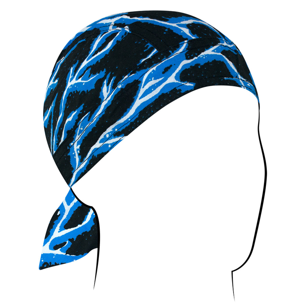 Zan Headgear Flydanna in black and blue design, ideal for moisture management and stylish headwear under helmets.