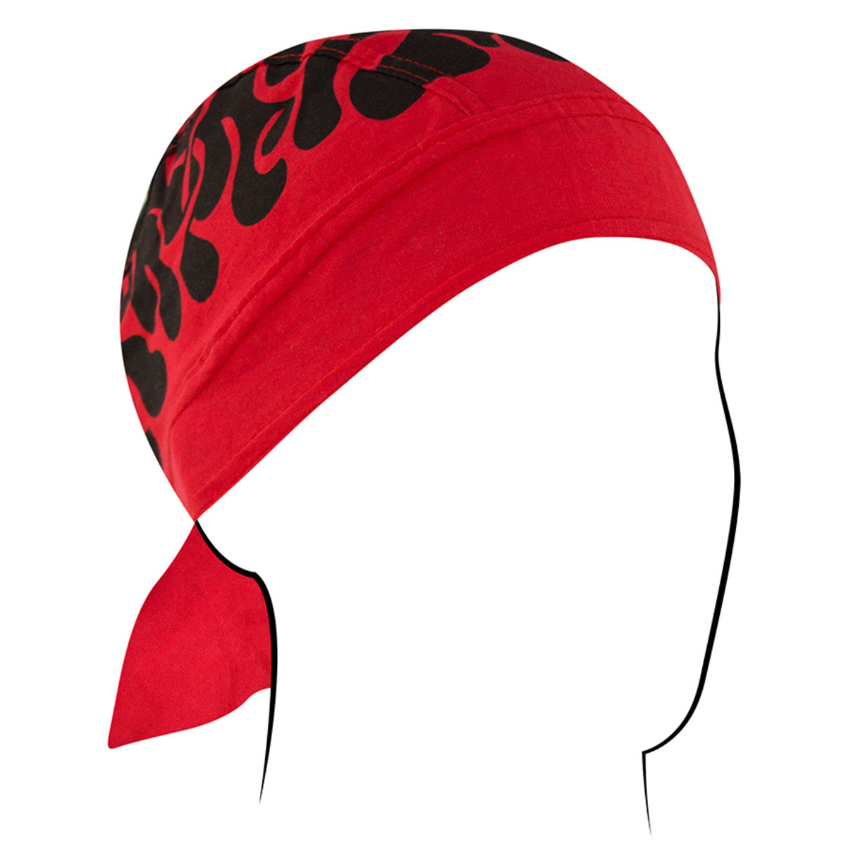 Red Zan Headgear Flydanna with black flame design, ideal for moisture control and preventing hair tangles while riding.