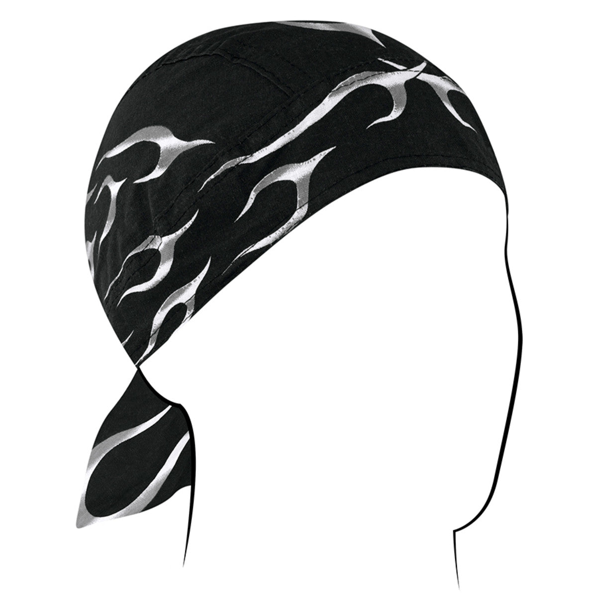 Black bandanna with flame design, perfect as a moisture barrier and stylish headwrap for riders.