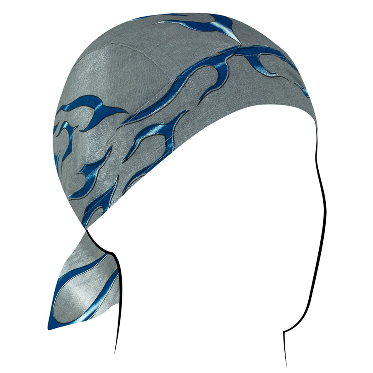 Zan Headgear Flydanna in gray with blue flame design, ideal for moisture control and hair protection under helmets.