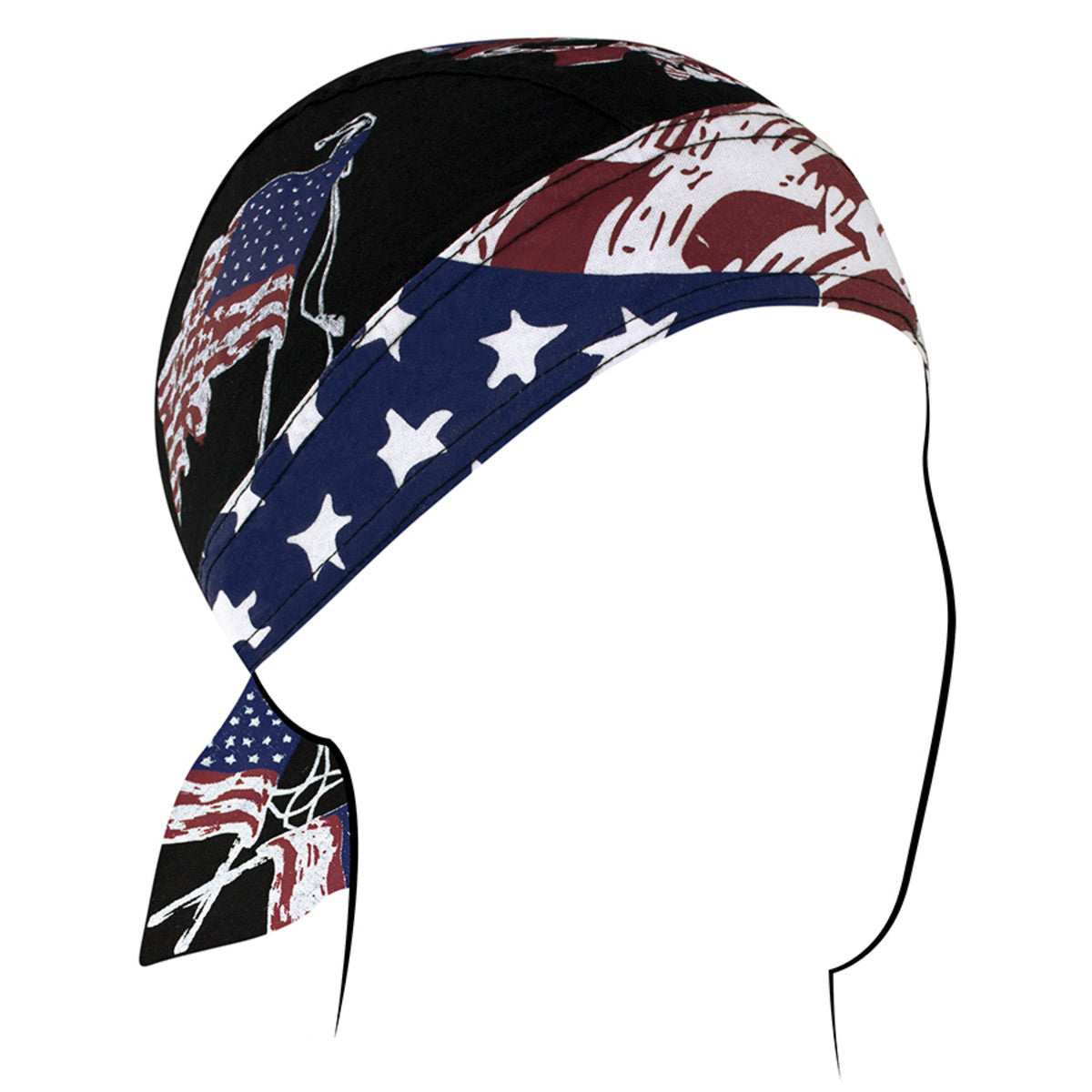 Zan Headgear Flydanna headwrap featuring patriotic design with American flags and stars, perfect for riders and outdoor enthusiasts.