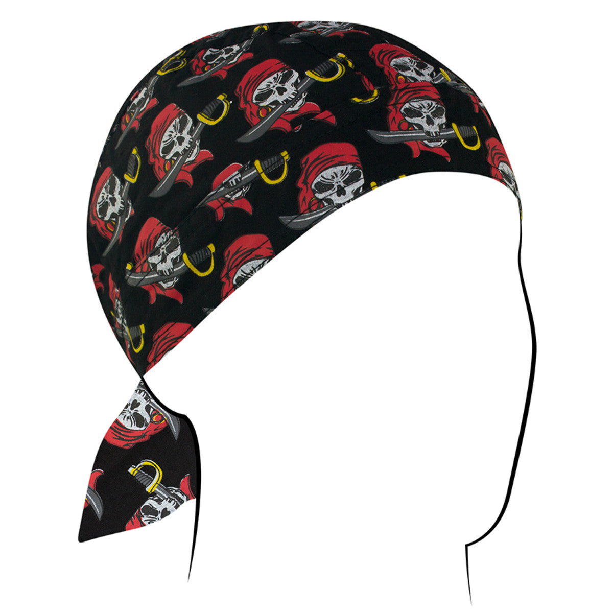 Zan Headgear Flydanna featuring a pirate skull design, perfect moisture barrier for riders under helmets.