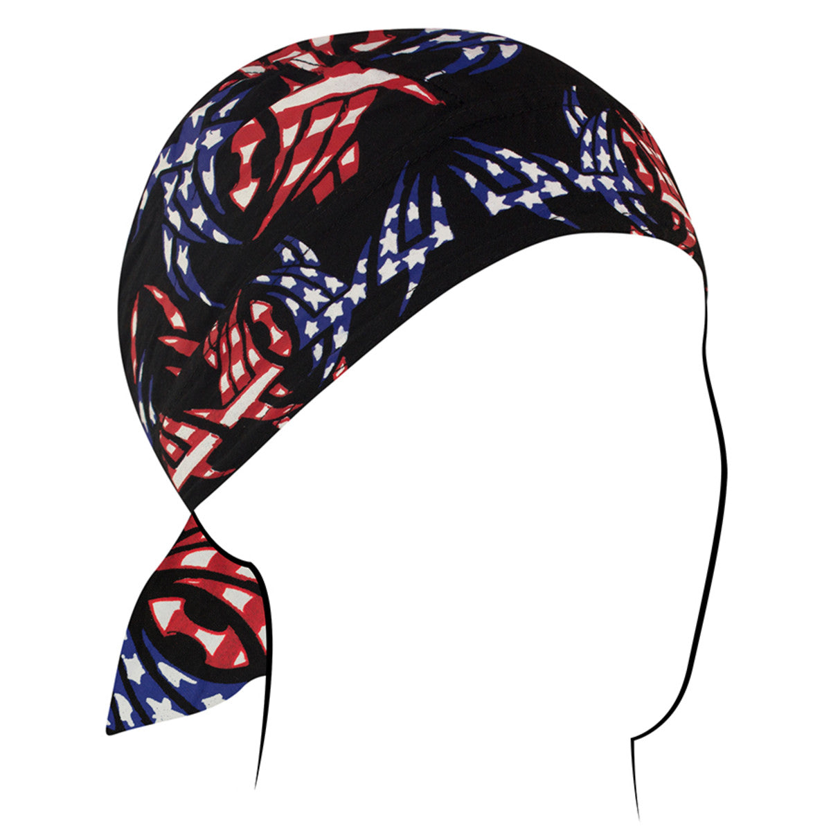 Zan Headgear Flydanna in black with red and blue patterns, perfect as a moisture barrier under helmets.