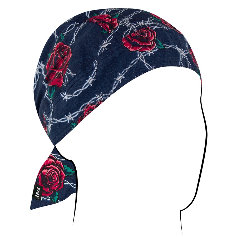 ZAN Headgear Flydanna in navy with rose and barbed wire design, perfect moisture barrier for riders under helmets.