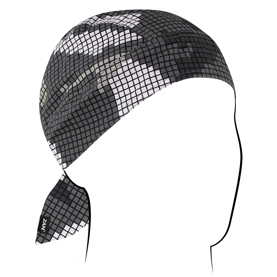 ZANheadgear Flydanna headwrap in black and white checkered design, ideal for moisture management under helmets.