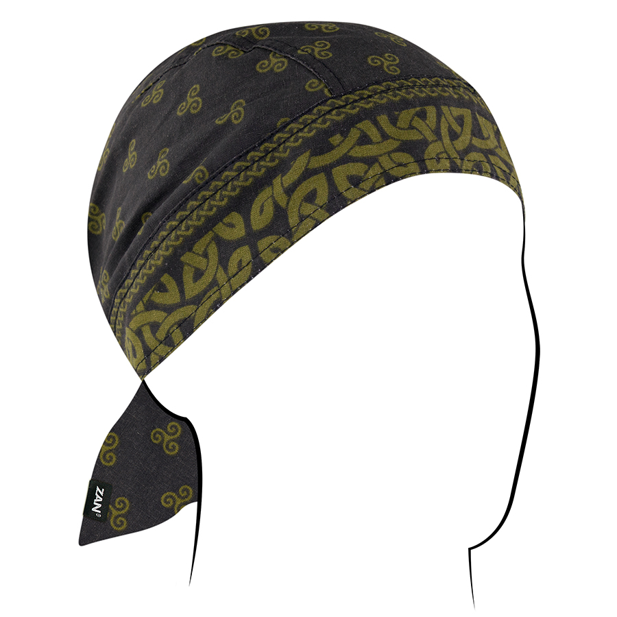 Zan Headgear Flydanna bandanna headwrap featuring a stylish black and green design, ideal for moisture control under helmets.